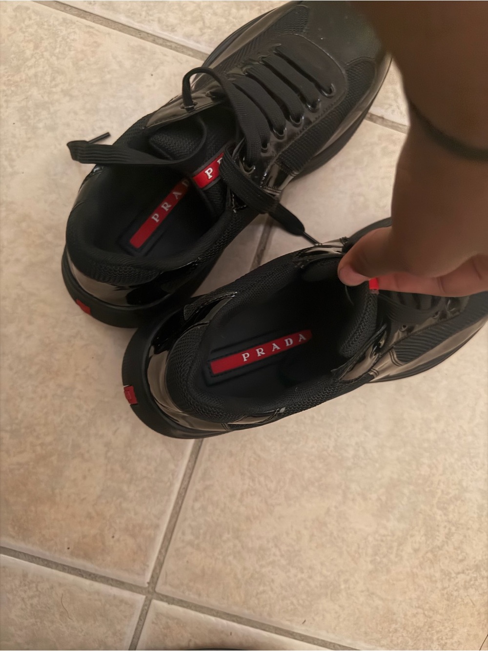 Prada Black Patent & Mesh Low-Top Sneakers with Red Logo Tape - Picture 4 of 5